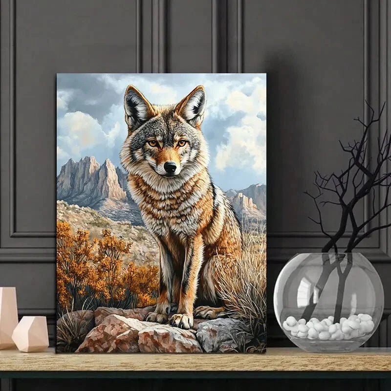 Realistic Painting of a Coyote in The Rocky Desert 40x60cm Metal Print Ready to Hang - Bella Home Decor