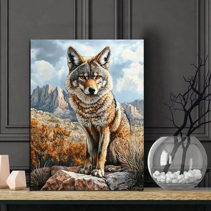 Realistic Painting of a Coyote in The Rocky Desert 40x60cm Metal Print Ready to Hang - Bella Home Decor
