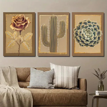 3pcs Golden Roses Cactus And Succulents Wall Art Set Canvas Unframed - High Quality Print 100% Australian Made Wall Canvas - Bella Home Decor