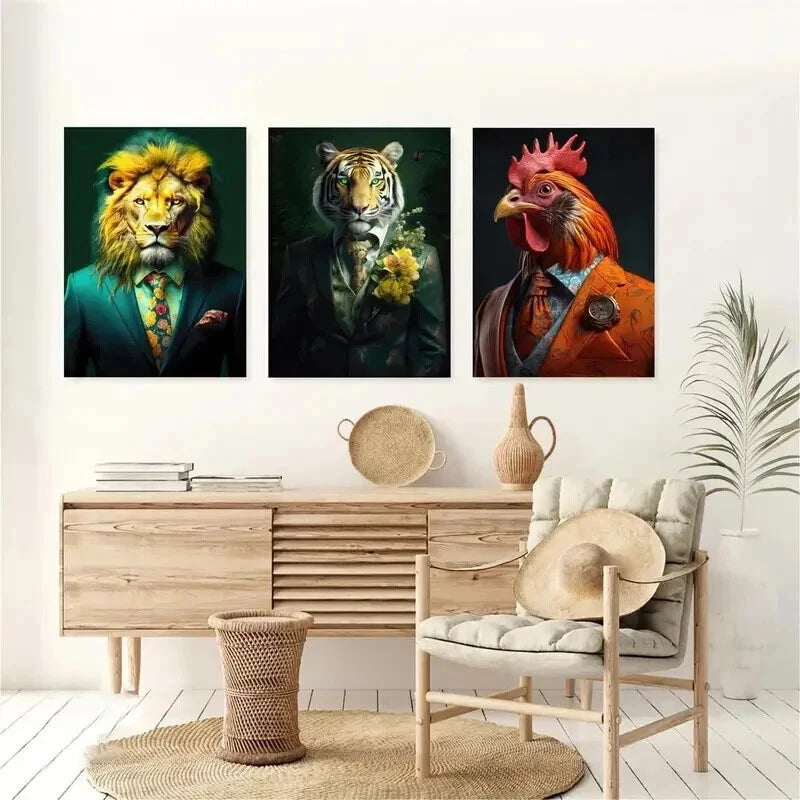 3pcs Rooster Tiger Lion Portrait Décor Perfect Wall Art Set Canvas Framed 50x70cm - High Quality Print 100% Australian Made Wall Canvas Ready to Hang - Bella Home Decor