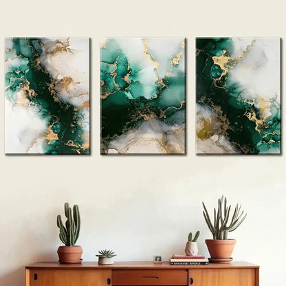 3pcs Modern Emerald Green & Gold Abstract Wall Art Set Canvas Framed 60x90cm - High Quality Print 100% Australian Made Wall Canvas Ready to Hang - Bella Home Decor
