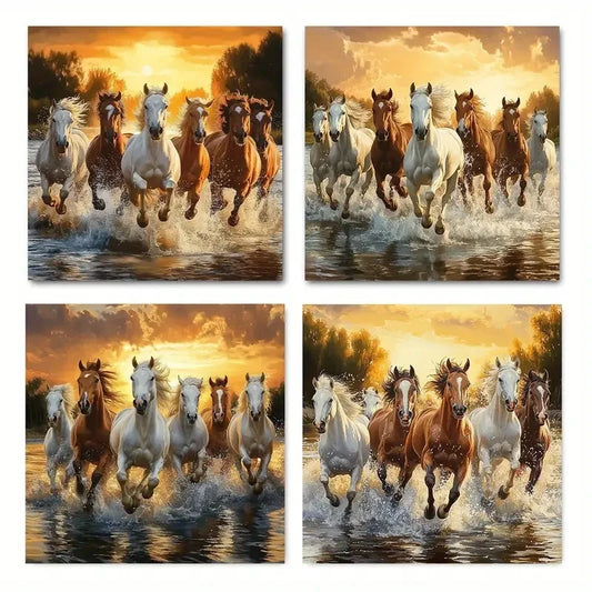 4pcse Abstract Horses Running in the RiverWall Art Canvas Framed