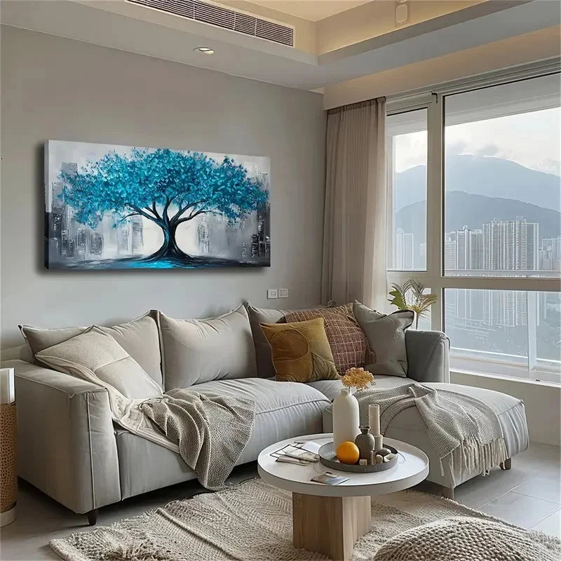 Vibrant Blue Tree Canopy Wall Art Canvas Office Home Room Framed 120x60cm