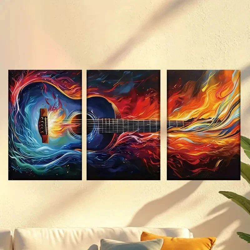 3pcs  Vibrant Abstract Flame Guitar Wall Art Set Canvas Framed 40x60cm - High Quality Print 100% Australian Made Wall Canvas Ready to Hang - Bella Home Decor