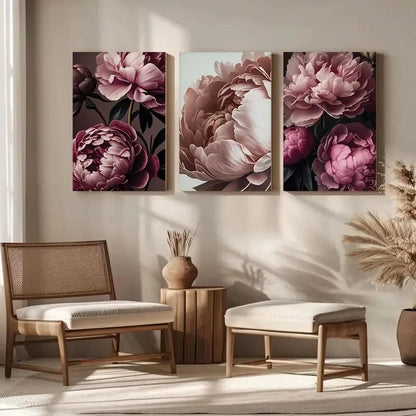 3pcs Pink & Black Floral Peony Botanical Metal Print Ready to Hang Art