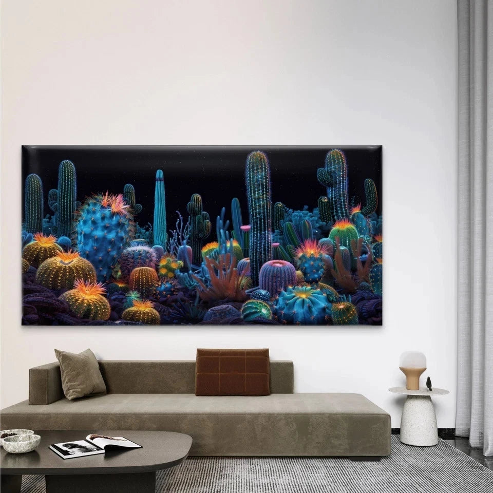 Surreal Neon Tropical Flowers Wall Art Canvas Office Home Room Framed 120x60cm