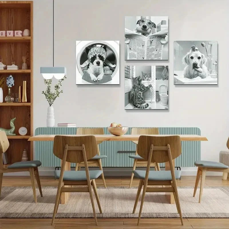 4pcs Cute Cat Dog Wall Art Canvas Framed