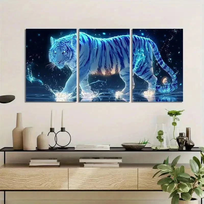 3pcs Glowing White Tiger Hyper-Realistic Metal Print Ready to Hang Art - Bella Home Decor