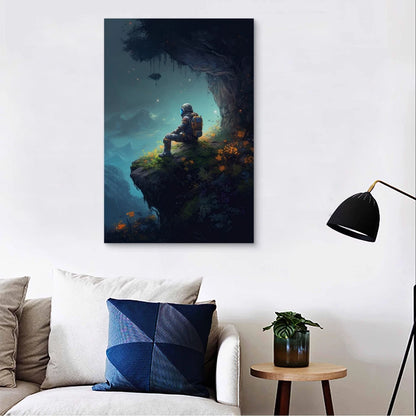 Minimalist Sci-Fi Astronaut on Cliff 40x60cm Metal Print Ready to Hang