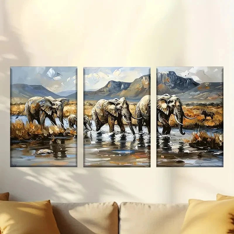 3pcs Majestic Elephants by the Lake Wall Art Set Canvas Framed 40x60cm - High Quality Print 100% Australian Made Wall Canvas Ready to Hang