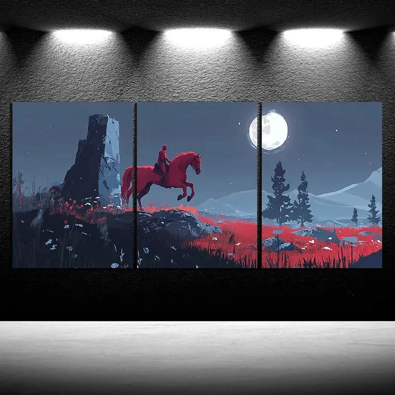 3pcs A Horse Jumping Under The Moonlight Red Metal Print Ready to Hang Art - Bella Home Decor
