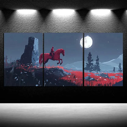3pcs A Horse Jumping Under The Moonlight Red Metal Print Ready to Hang Art - Bella Home Decor