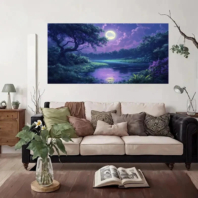 Purple Nature Moon Light Lake Wall Art Canvas Office Home Room Framed 120x60cm
