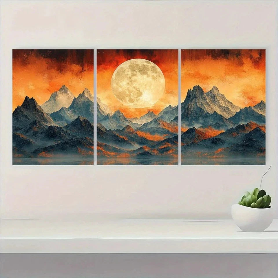 3pcs Abstract Mountain Moon Warm Earth Tones Wall Art Set Canvas Framed 60x90cm - High Quality Print 100% Australian Made Wall Canvas Ready to Hang - Bella Home Decor