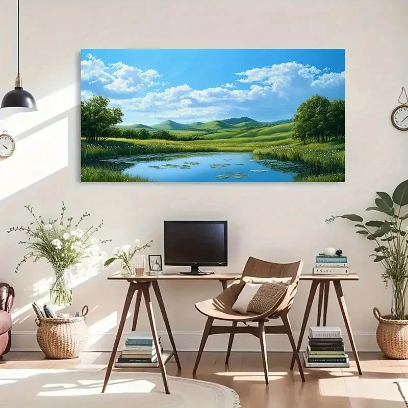 Green Hills Featuring Water Wall Art Canvas Office Home Room Framed 120x60cm - Bella Home Decor