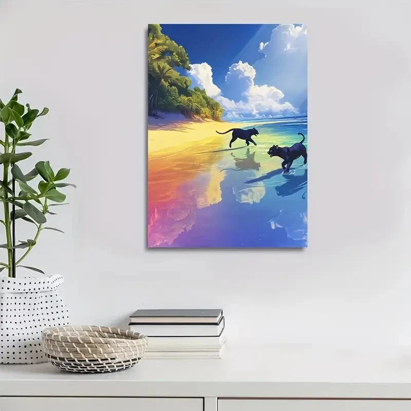 Vibrant Panther Beach Scene with Rainbow Painting 40x60cm Metal Print Ready to Hang - Bella Home Decor