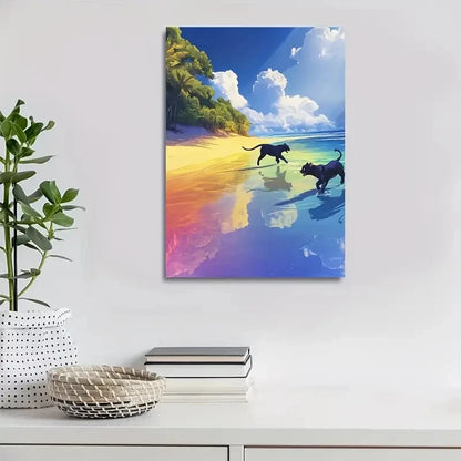 Vibrant Panther Beach Scene with Rainbow Painting 40x60cm Metal Print Ready to Hang - Bella Home Decor