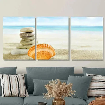 3pcs Beach Zen Stone Stack And Seashell Wall Art Set Canvas Unframed - High Quality Print 100% Australian Made Wall Canvas - Bella Home Decor
