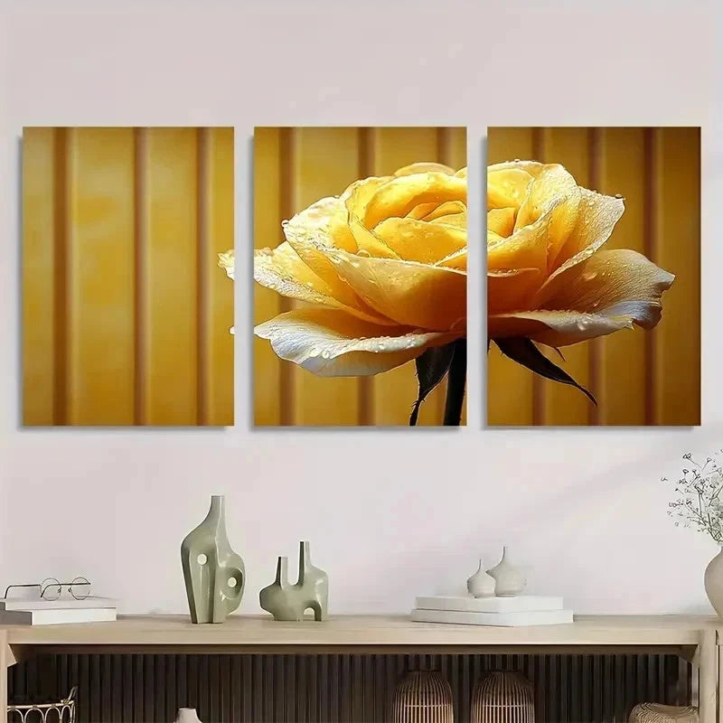 3pcs Yellow Rose Flower Droplet Perfect Wall Art Set Canvas Framed 40x60cm - High Quality Print 100% Australian Made Wall Canvas Ready to Hang - Bella Home Decor