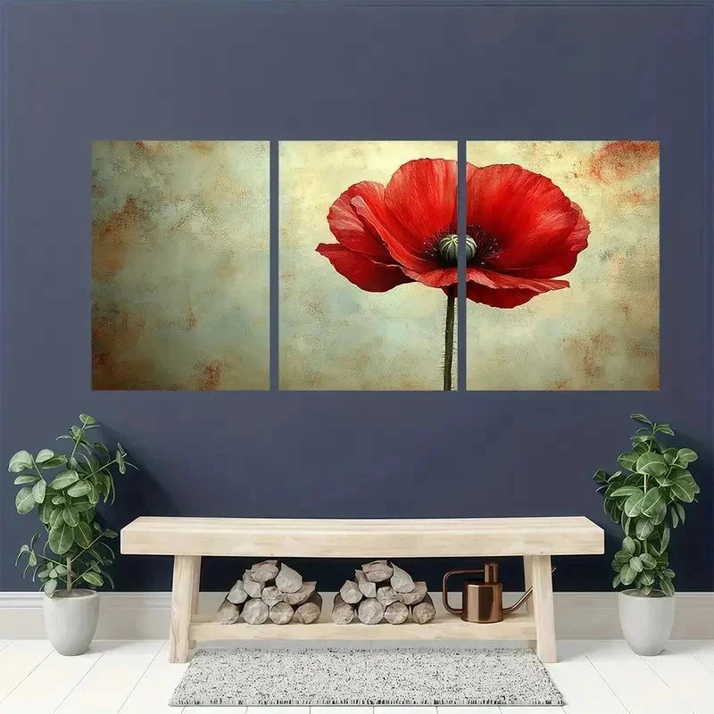 3pcs Red Flower Floral Botanical Perfect Wall Art Set Canvas Framed 50x70cm - High Quality Print 100% Australian Made Wall Canvas Ready to Hang