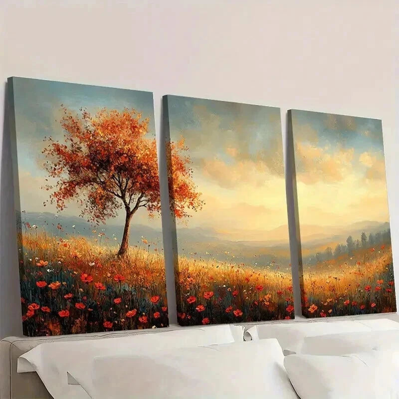 3pcs Landscape Painting with Trees Wildflowers Wall Art Set Canvas Framed 50x70cm - High Quality Print 100% Australian Made Wall Canvas Ready to Hang