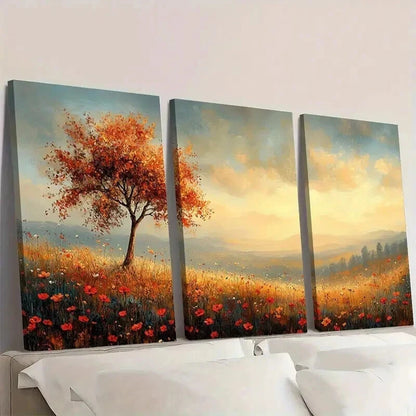 3pcs Landscape Painting with Trees Wildflowers Wall Art Set Canvas Framed 50x70cm - High Quality Print 100% Australian Made Wall Canvas Ready to Hang
