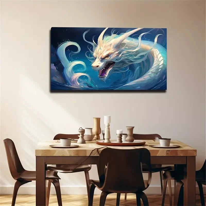 White Dragon Vibrant Modern Wall Art Canvas Office Home Room Framed 120x60cm