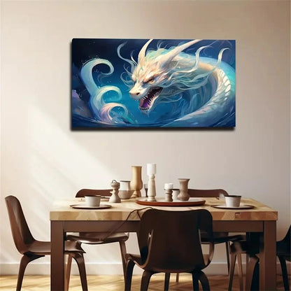 White Dragon Vibrant Modern Wall Art Canvas Office Home Room Framed 120x60cm