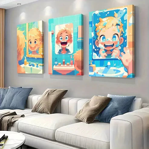 3 PCS Cute Boy Washing Face Comic-Style Wall Art Set Canvas Unframed - High Quality Print 100% Australian Made Wall Canvas