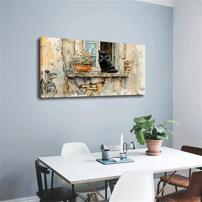Abstract Style Black Cat on Old Wall Art Canvas Office Home Room Framed 120x60cm - Bella Home Decor