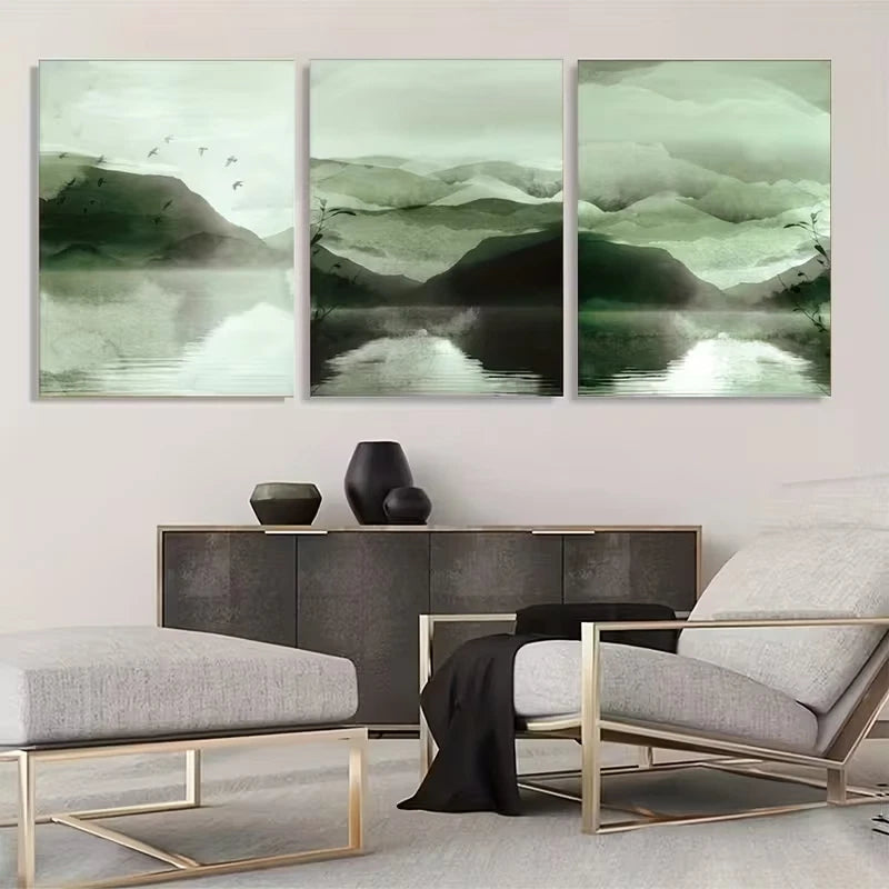3pcs Green Watercolor Landscape Abstract Wall Art Set Canvas Framed 50x70cm - High Quality Print 100% Australian Made Wall Canvas Ready to Hang