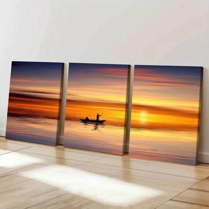 3pcs Fisherman Boat Under Sunset Wall Art Set Canvas Framed 50x70cm - High Quality Print 100% Australian Made Wall Canvas Ready to Hang