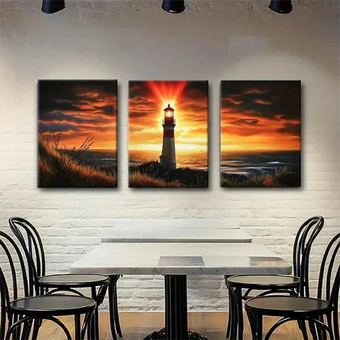 3pcs Lighthouse Warm Sunset Glow Ocean Perfect Wall Art Canvas Unframed - High Quality Print 100% Australian Made Wall Canvas