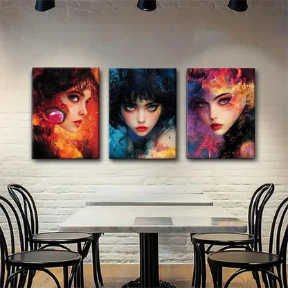 3pcs Mysterious Women Faces Vibrant Perfect Wall Art Canvas Unframed - High Quality Print 100% Australian Made Wall Canvas