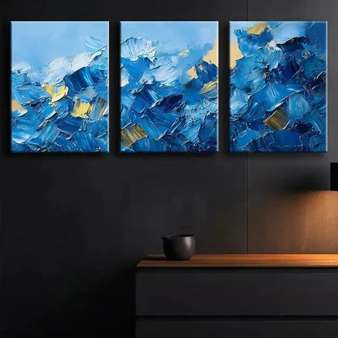 3pcs Abstract Blue & Golden Oil Painting Wall Art Canvas Unframed - High Quality Print 100% Australian Made Wall Canvas - Bella Home Decor