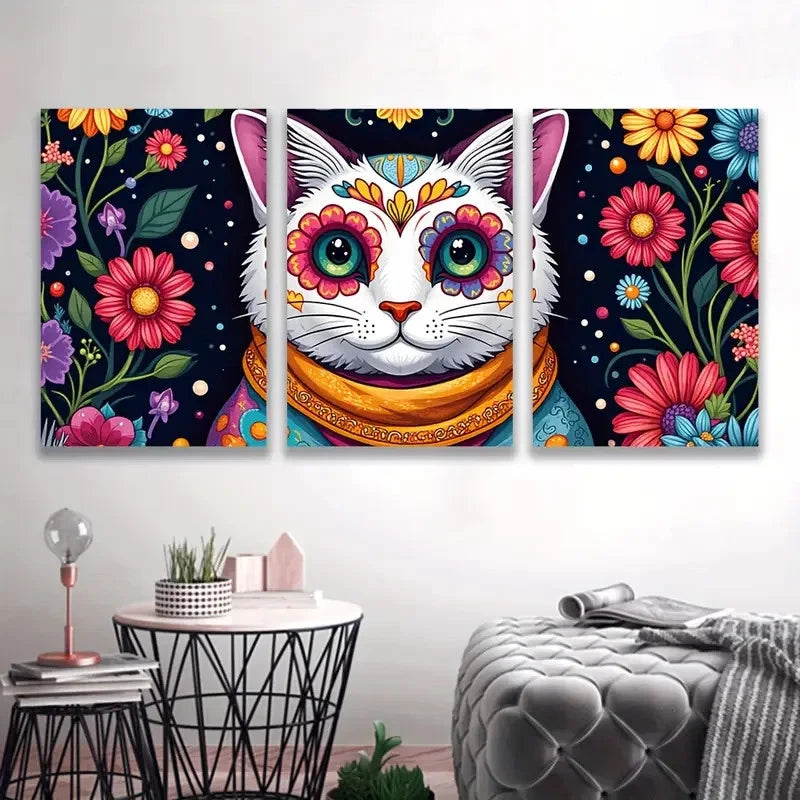 3pcs Colorful Vibrant Cat & Floral  Wall Art Set Canvas Framed 40x60cm - High Quality Print 100% Australian Made Wall Canvas Ready to Hang - Bella Home Decor