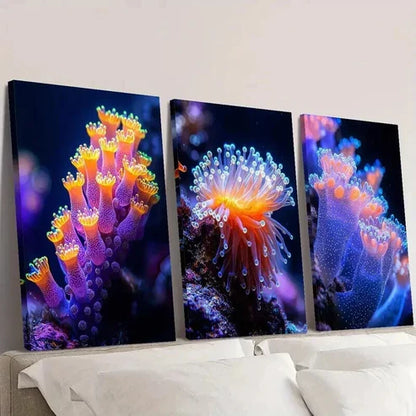 3pcs Luminous Underwater Coral and Marine Life Wall Art Canvas Unframed - High Quality Print 100% Australian Made Wall Canvas