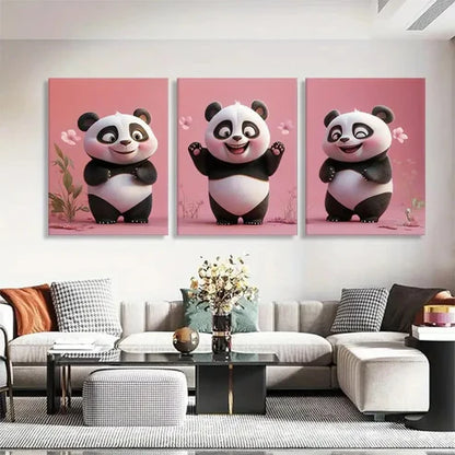 3pcs Pink Background Playful Panda Perfect Wall Art Set Canvas Unframed - High Quality Print 100% Australian Made Wall Canvas