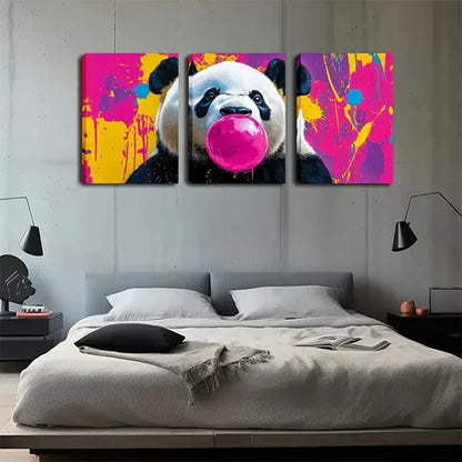 3pcs Panda Pink Paint Bubble cartoon style Wall Art Set Canvas Unframed - High Quality Print 100% Australian Made Wall Canvas