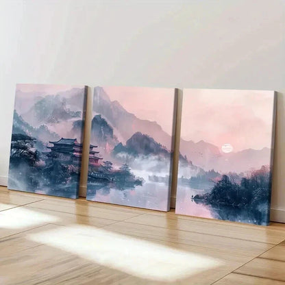 3pcs Chinese Traditional Architecture Landscape Wall Art Set Canvas Framed 60x90cm - High Quality Print 100% Australian Made Wall Canvas Ready to Hang - Bella Home Decor