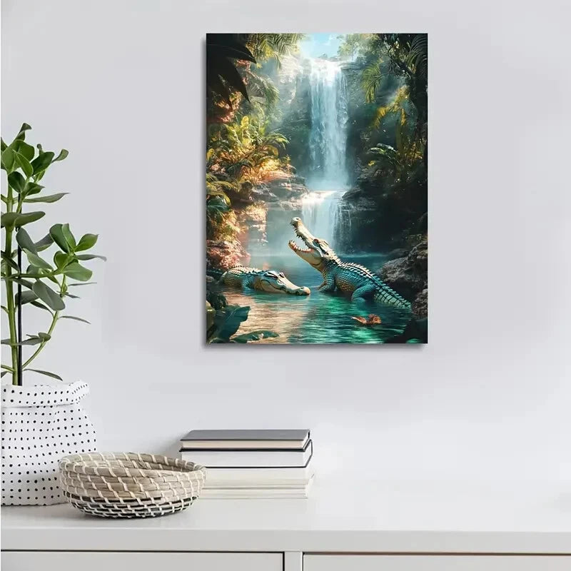 Beautiful Vibrant Crocodile Scene Painting 40x60cm Metal Print Ready to Hang - Bella Home Decor