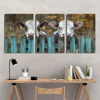 3pcs Rustic Cows Peeking Through Fence Wall Art Canvas Unframed - High Quality Print 100% Australian Made Wall Canvas