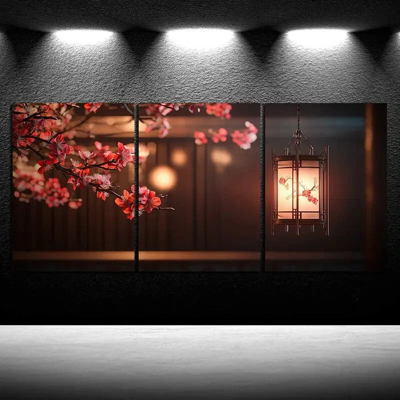3pcs Plum Blossoms And Lanterns Red Flowers Metal Print Ready to Hang Art - Bella Home Decor