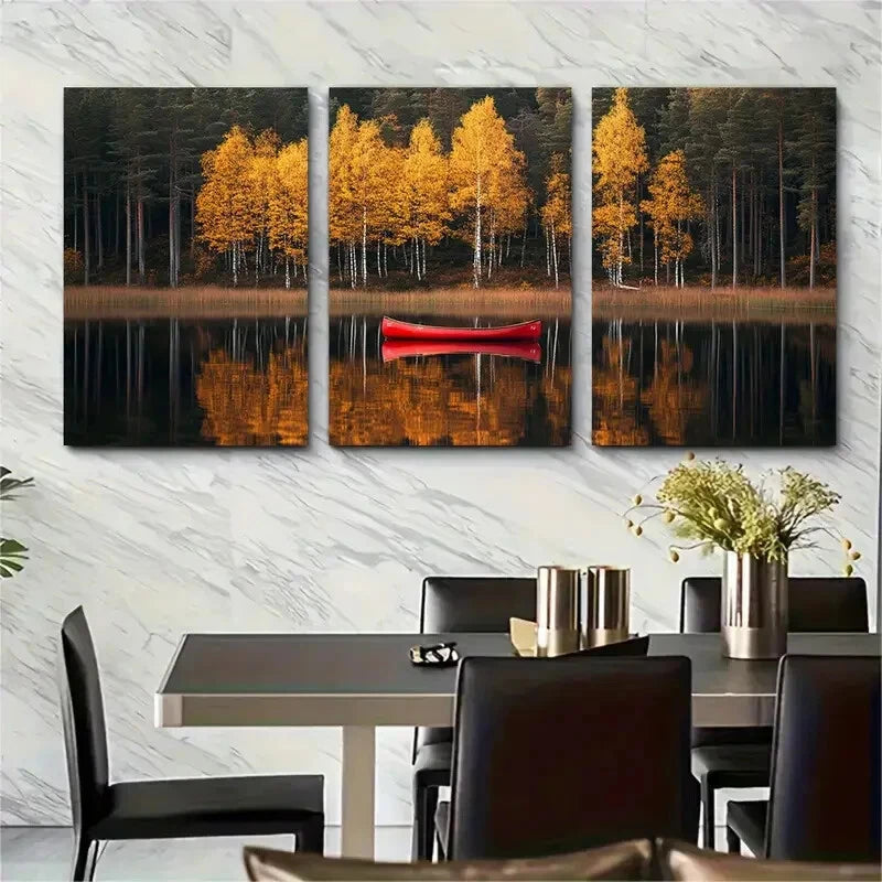 3pcs Nordic Minimalist Autumn Forest in Sweden Metal Print Ready to Hang Art