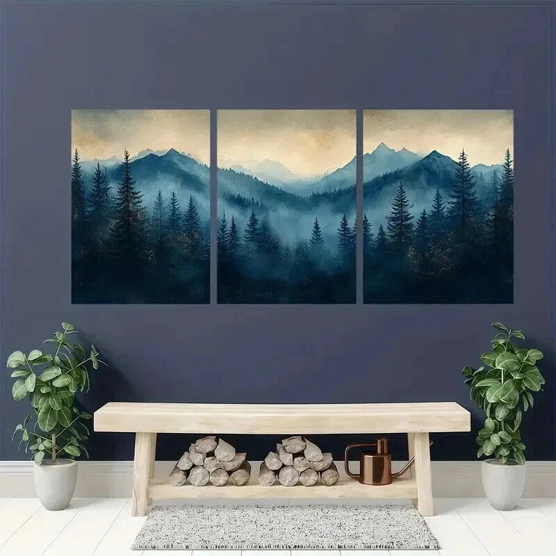 3pcs Blue & Golden Glitter Misty Forest Wall Art Set Canvas Framed 50x70cm - High Quality Print 100% Australian Made Wall Canvas Ready to Hang - Bella Home Decor