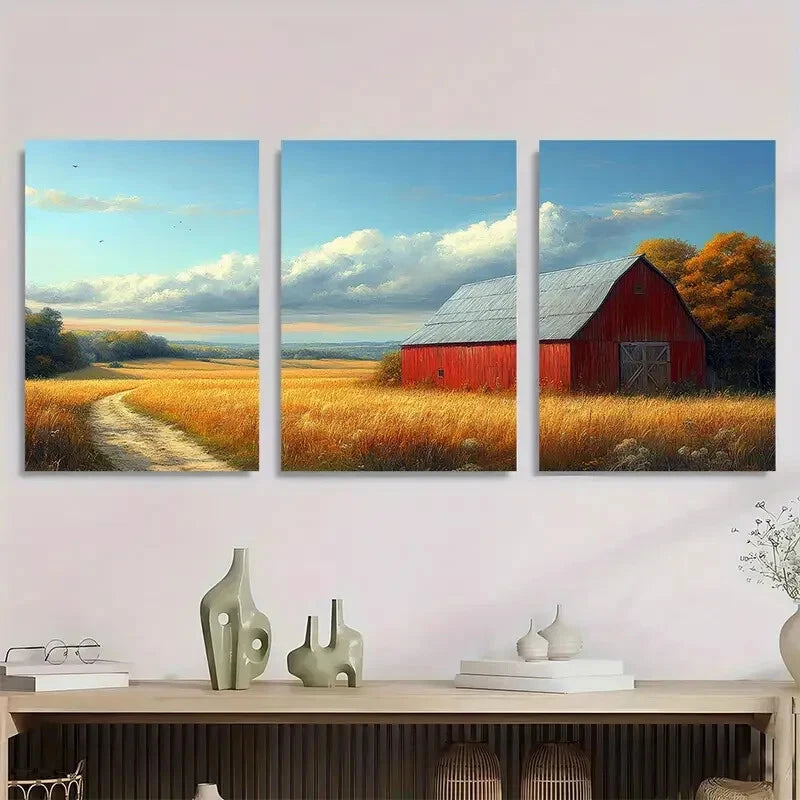 3pcs Vintage Barn Country Field Landscape Metal Print Ready to Hang Art - Bella Home Decor