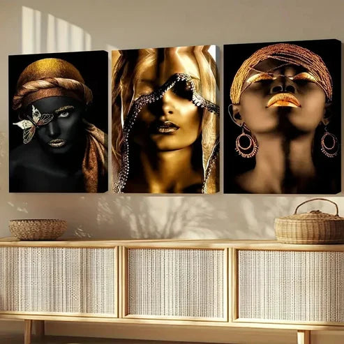3pcs Black African American Woman Black and Golden  Wall Art Set Canvas Unframed - High Quality Print 100% Australian Made Wall Canvas - Bella Home Decor