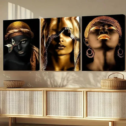 3pcs Black African American Woman Black and Golden  Wall Art Set Canvas Unframed - High Quality Print 100% Australian Made Wall Canvas - Bella Home Decor