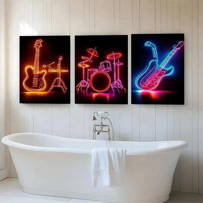 3pcs Neon Music Vibrant Musical Décor Perfect Wall Art Set Canvas Framed 60x90cm - High Quality Print 100% Australian Made Wall Canvas Ready to Hang - Bella Home Decor