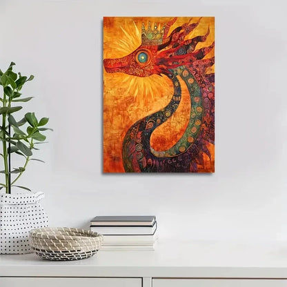 Vibrant Orange Red & Green Design Regal Sun Dragon 40x60cm Metal Print Ready to Hang - Bella Home Decor
